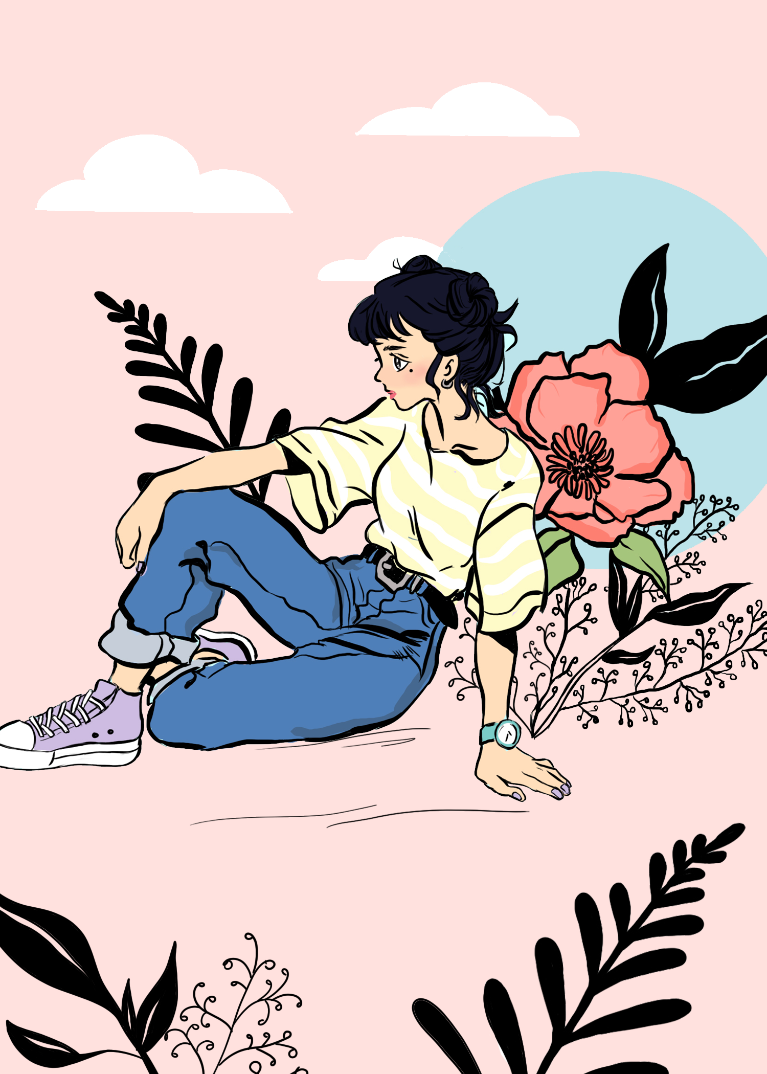 Digital art of a girl sitting down with flowers